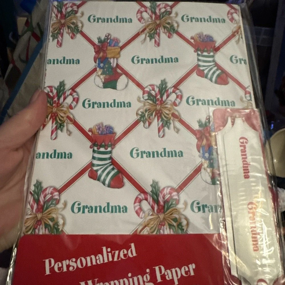 3 VTG Holiday Christmas Wrapping Paper & Pull Bow Personalized GRANDMA Stravina